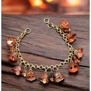 Vintage Jingle Bells Christmas Holiday Charm Bracelet Gold Tone Chain 1950s 8in